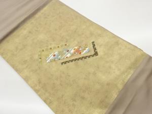 引箔短冊に向かい鳥・花々模様刺繍名古屋帯